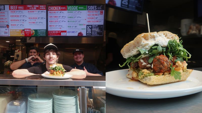 A collage of a group of guys smiling with a burger and a close up shot of the burger